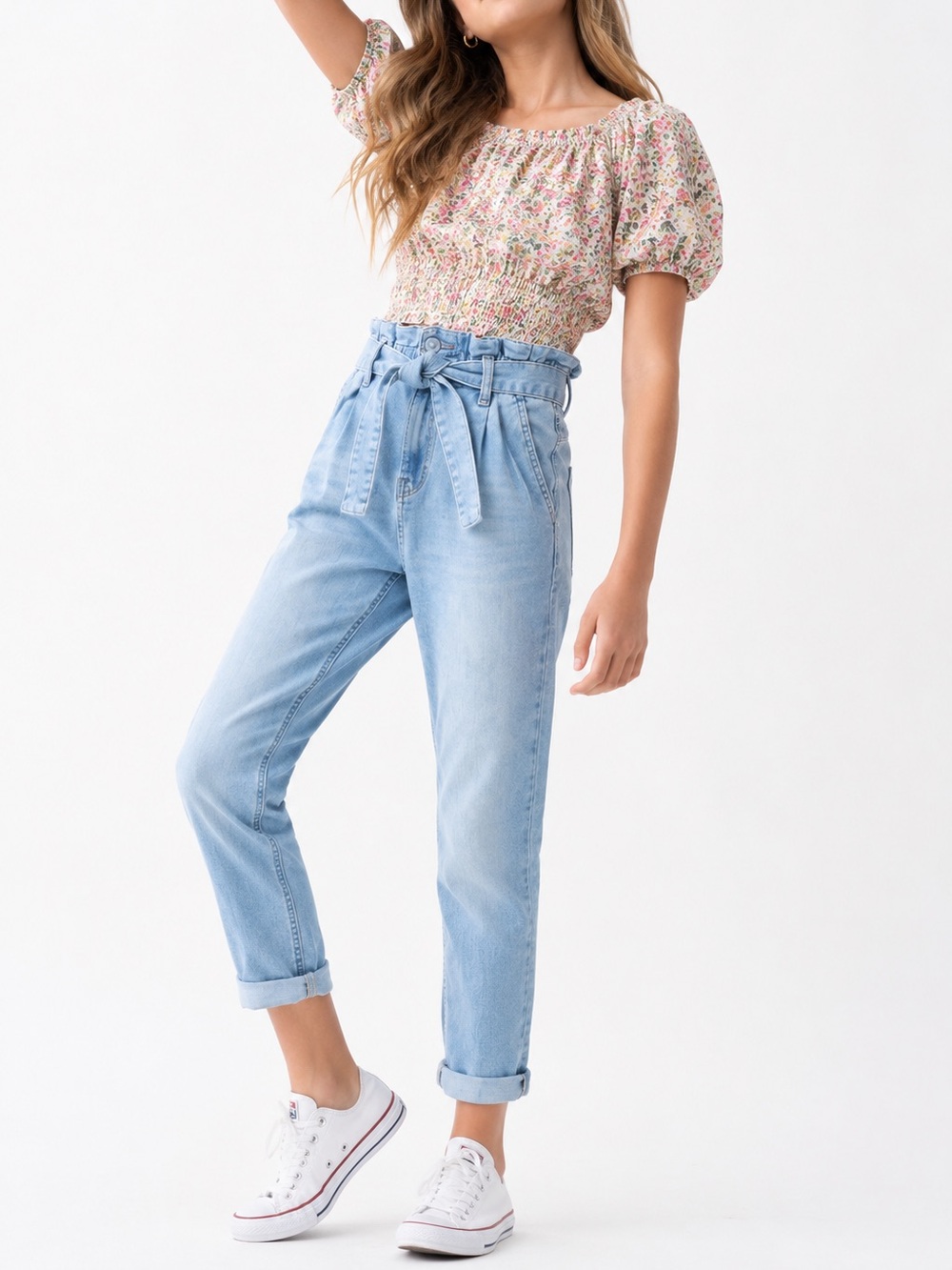 VIGOSS Georgia Girlfriend Super Stretch Light Blue Jeans w Denim Belt Tie